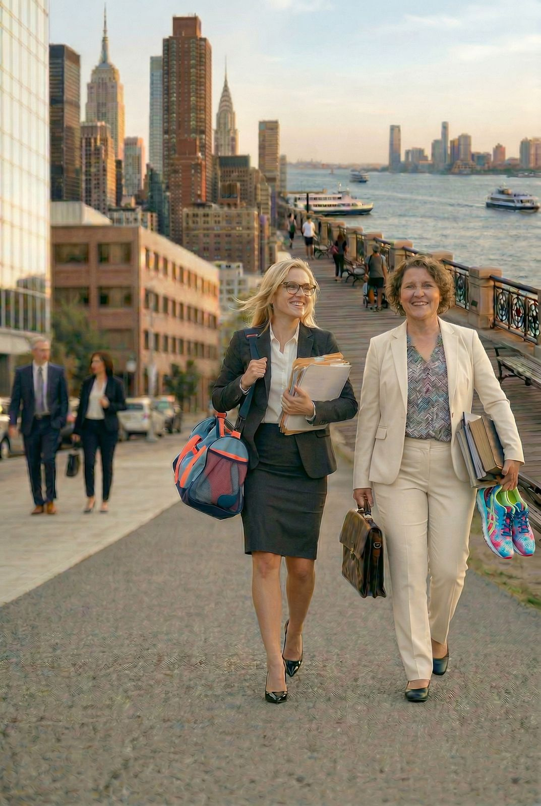 Imagen ilustrativa creada con IA – profesionales caminando por el waterfront de Nueva York